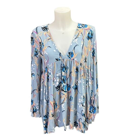 Free People Blue Floral Deep V neck Longsleeve Flowy Tunic Blouse sz Small‎ Boho - Picture 1 of 8